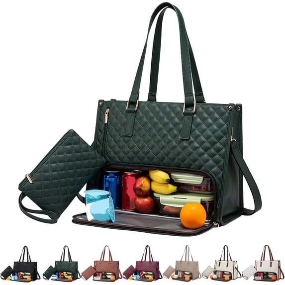 3 In 1 Tote Bag With Lunch Compartment,15.6 Inch Tote Bags with Lunch Compartment, Lunch Bag Women Insulated, for Work Travel (Green)