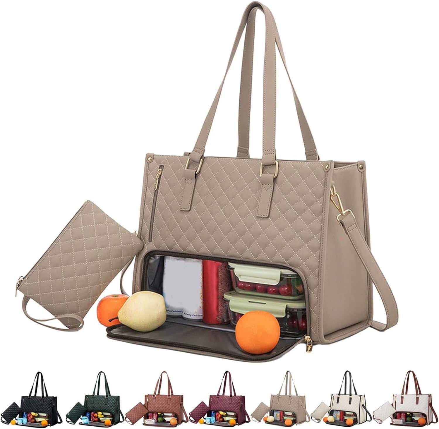 3 In 1 Tote Bag With Lunch Compartment,15.6 Inch Tote Bags with Lunch Compartment, Lunch Bag Women Insulated, for Work Travel (Khaki)