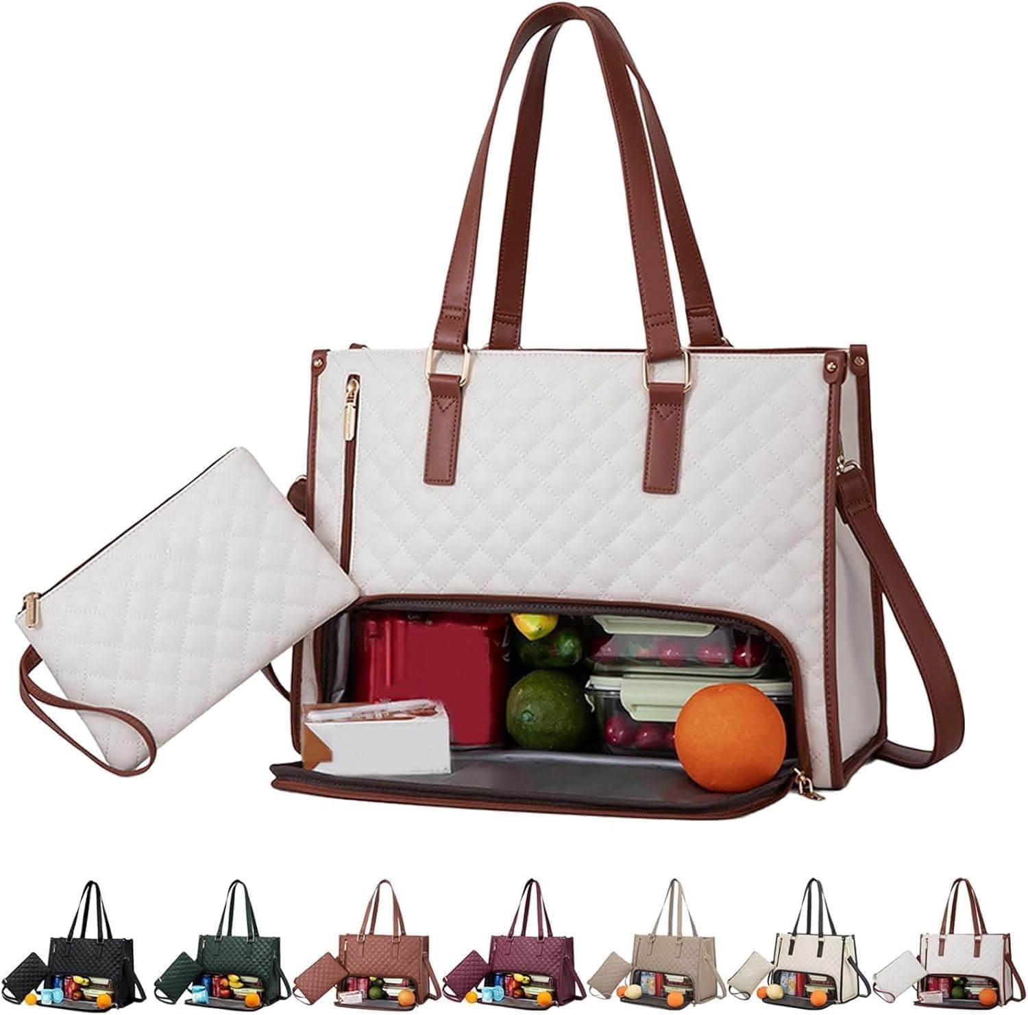 3 In 1 Tote Bag With Lunch Compartment,15.6 Inch Tote Bags with Lunch Compartment, Lunch Bag Women Insulated, for Work Travel (White)