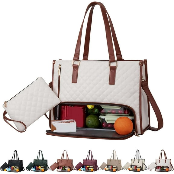 Packuum 3 In 1 Tote Bag With Lunch Compartment,15.6 Inch Tote Bags with Lunch Compartment, Lunch Bag Women Insulated, for Work Travel (White)