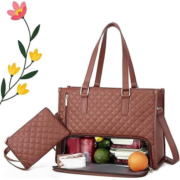 Packuum Tote Bag(15.6in), Large Capacity Quilted Laptop Work Insulated Lunch Box Compartment Purse for Work/Casual