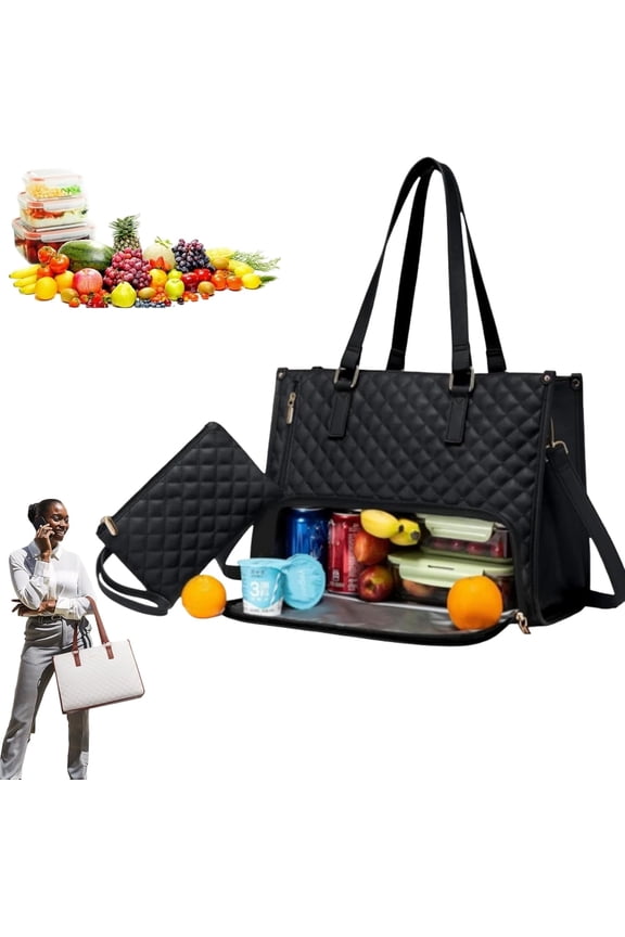 Tote Bag With Lunch Compartment,3 In 1 Tote Bag,Teacher Tote With Lunch Compartment,Insulated Lunch Box Compartment & Purse For Various Occasions(Black)