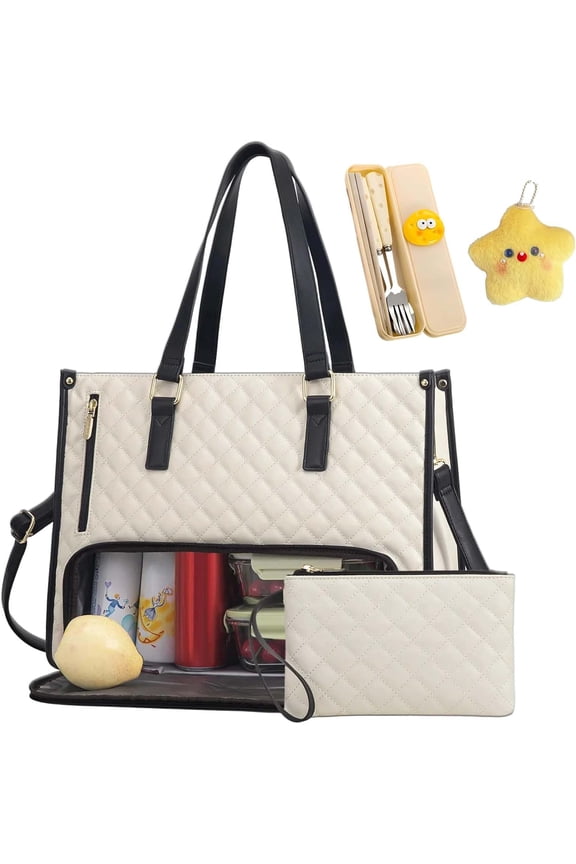 Packuum Tote Bag, Packuum 3 In 1 Tote Bag with Lunch Compartment, 15.6 Inch Large Capacity Quilted Computer Handbag for Office Business Work Nurse Teacher Travel Casual (White)