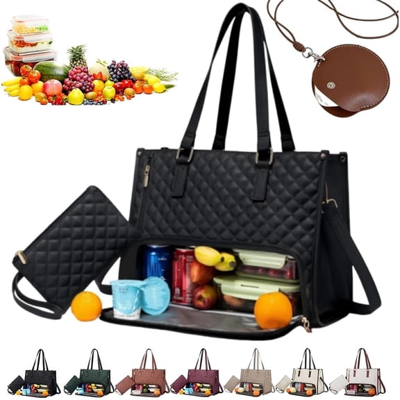 Packuumbagsco 3 in 1 Tote Bag Packuum Quilted Lunch Backpack with Lunch Compartment & Laptop Pocket Travel Modern(Black)