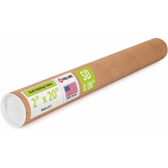 Paclord 2" x 20" Reinforced Kraft Paper Mailing Tube, Pack of 1 Tube with 2 Caps – Secure USPS Approved – Cardboard Mailer for Shipping and Storing Posters, Prints, Artwork, or Documents