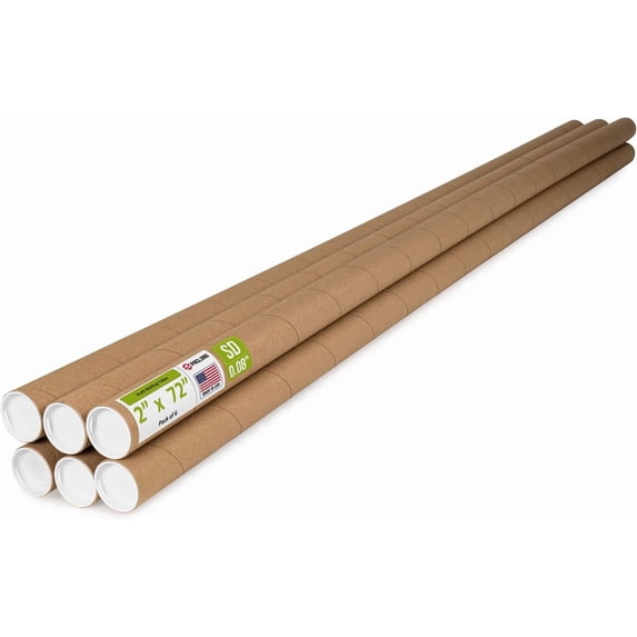 Paclord 2" x 72" Reinforced Kraft Paper Mailing Tube, Pack of 6 Tubes with 12 Caps – Secure USPS Approved Poster Tube – Cardboard Tube for Shipping and Storing Posters, Prints, Artwork, or Documents