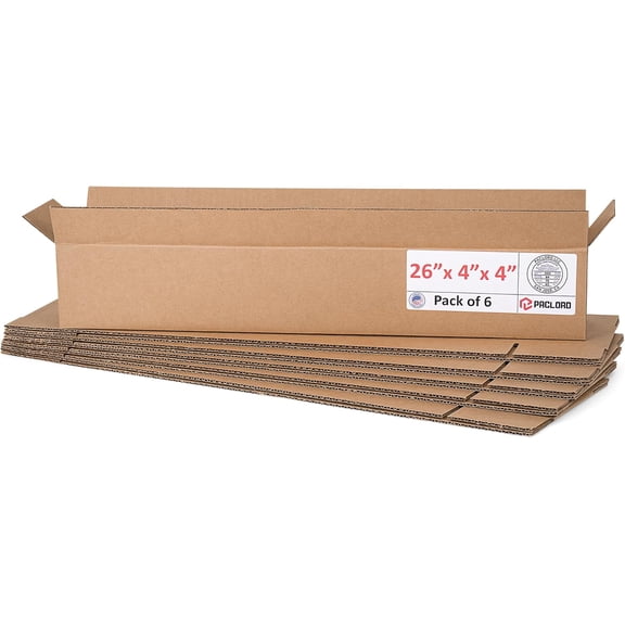 Paclord Long Cardboard Boxes 26"L x 4"W x 4"H (Pack of 6) - USA-Made Packing Boxes for Moving, Shipping, or Storage - USPS, UPS, FedEx Approved - Professional Packing Supplies for Moving