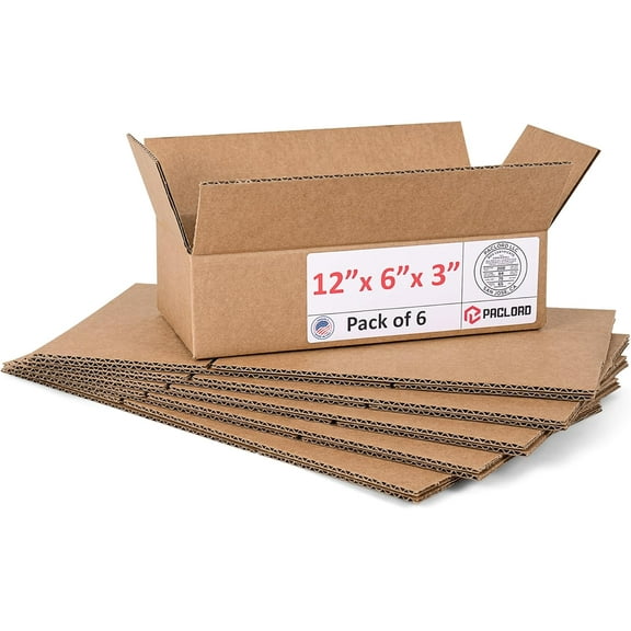 Paclord Small Cardboard Boxes 12"L x 6"W x 3"H (Pack of 6) - USA-Made Packing Boxes for Moving, Shipping, or Storage - USPS, UPS, FedEx Approved - Professional Packing Supplies for Moving