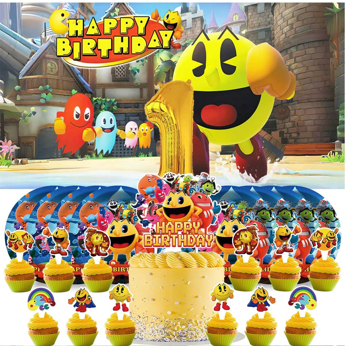 Pacman Balloons Party Supplies 1st Decor Tableware Birthday Cake Topper ...