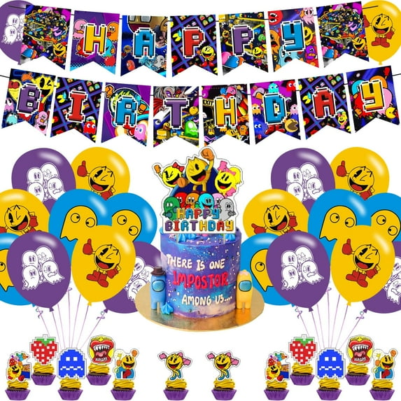 Pacman Birthday Party Decorations,Pacman MMF7 Game Decorations,Pacman Merch Include Pacman Kids' Party Balloons, Pacman Party Banner,Cake Topper and Cupcake Toppers