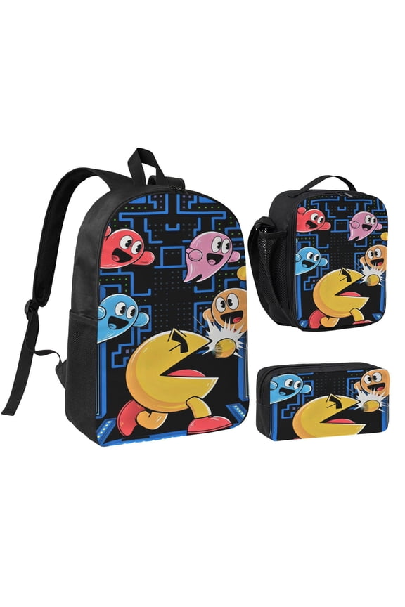 Pacman Three piece backpack set young backpack combination backpack lunch bag pencil case