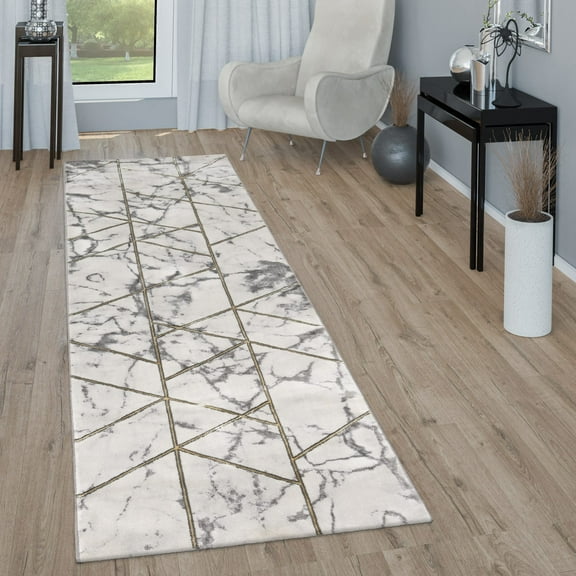 Paco Home Area Rug Elegant Marble Pattern with Geometric Shapes in Gold Cream - 2'8" x 9'10" (3'x10')