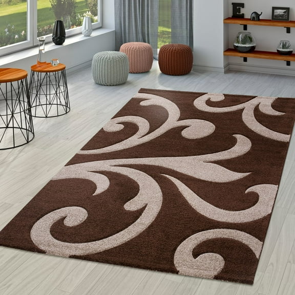 Paco Home Area Rug with Modern High-Low Effect and Floral Pattern in Brown Beige - 2' x 3'7" (2'x3')