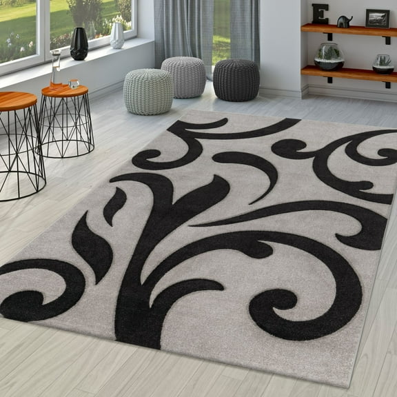 Paco Home Area Rug with Modern High-Low Effect and Floral Pattern in Grey Black - 2' x 3'7" (2'x3')