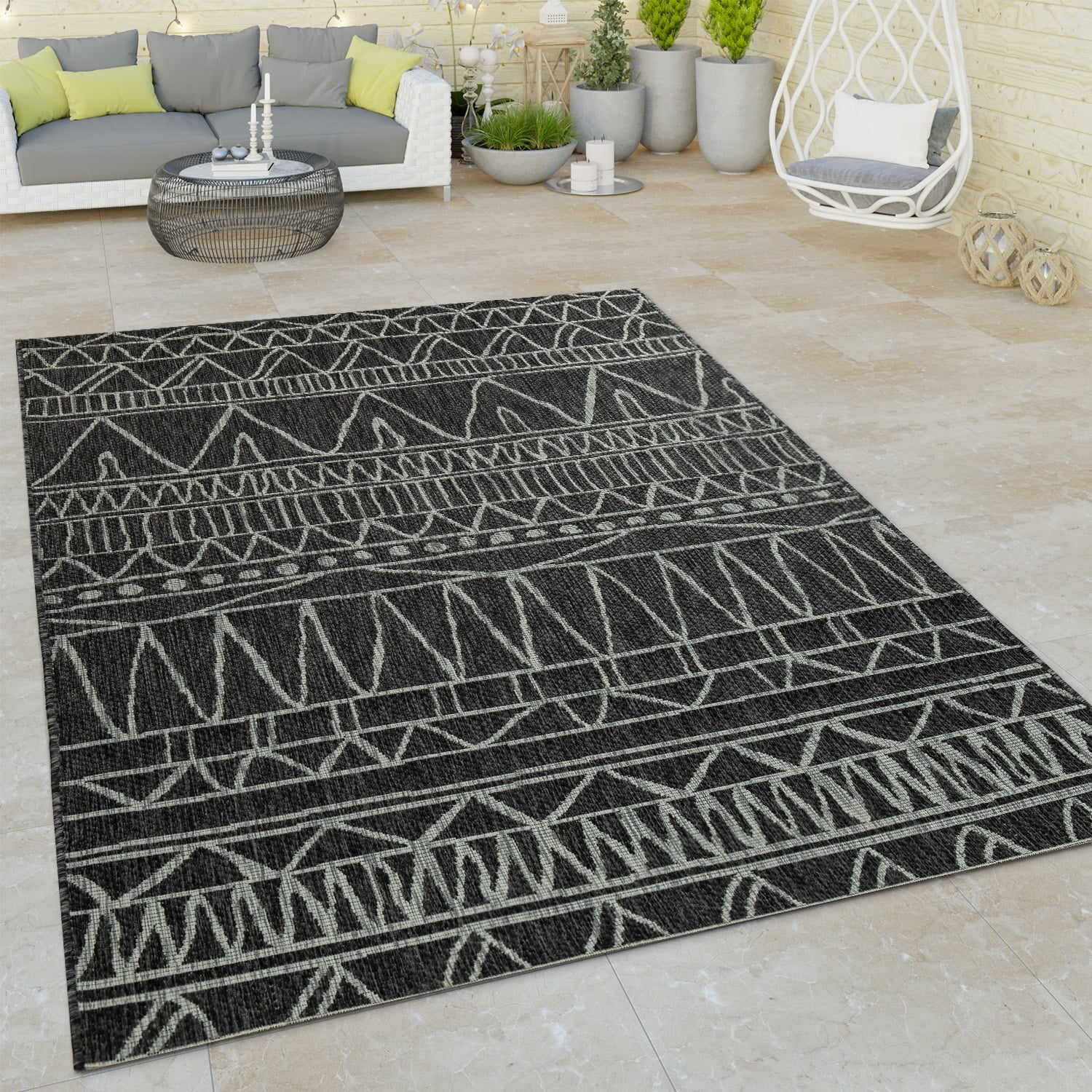 Paco Home Black Grey Outdoor Rug Modern Ethnic pattern for Patio