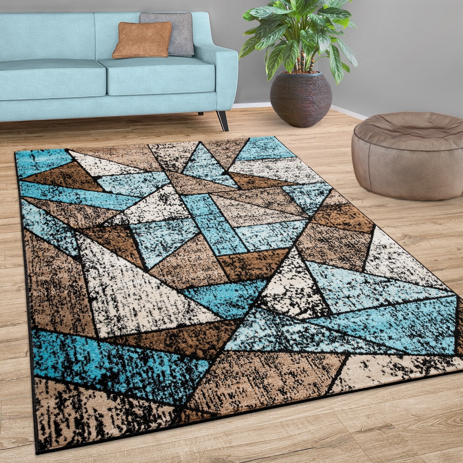 Paco Home Brown Blue Area Rug for Living Room with Colorful Geometric ...