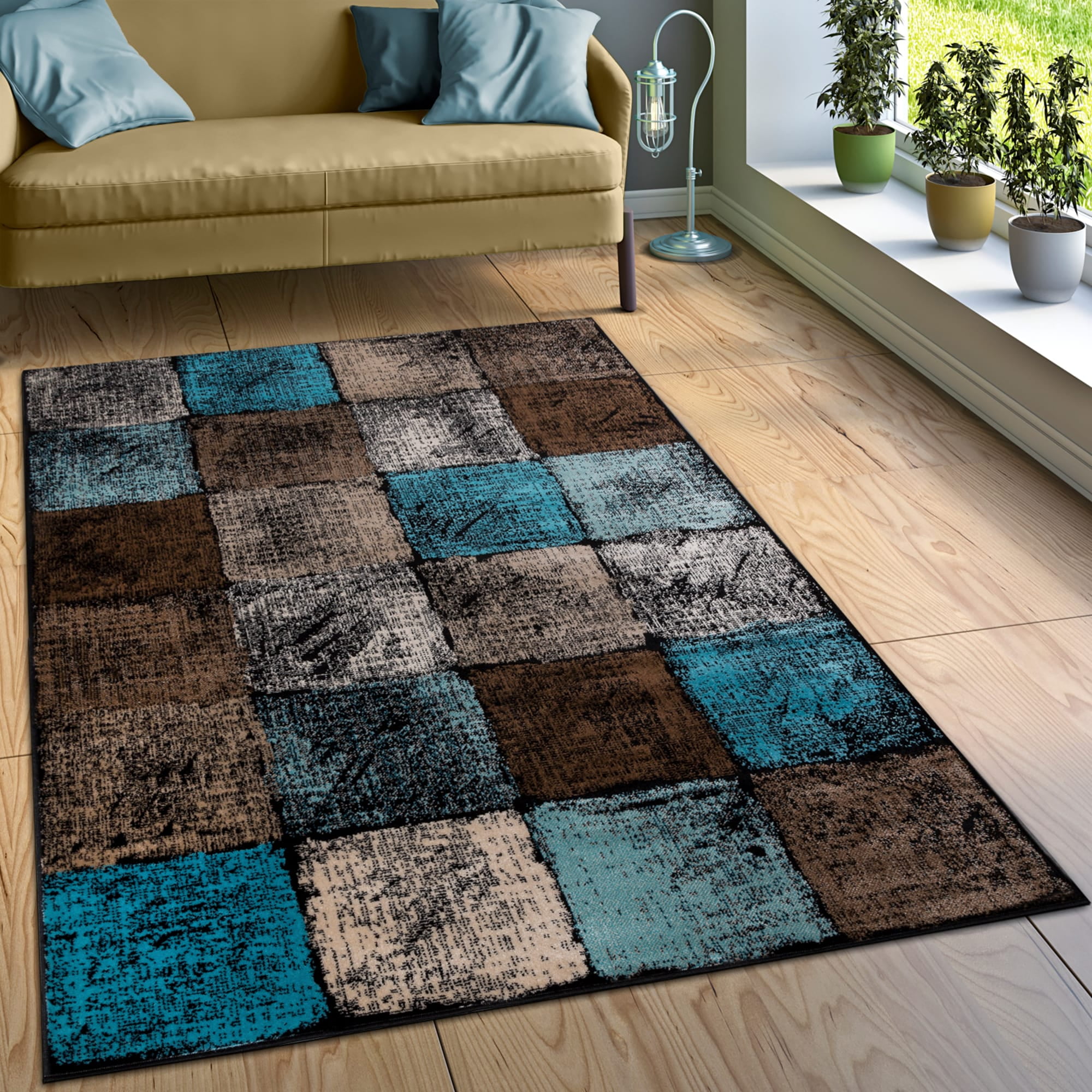 Blue and Brown Rectangular Synthetic Easy Care Area Rug