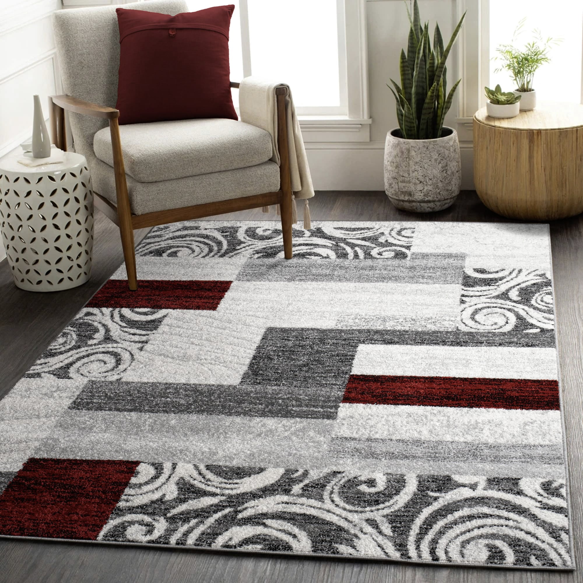 Modern Area Rug with Classic Border Design for Living Room in Red - 3 ...