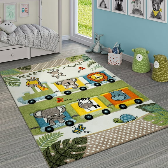 Paco Home Colorful Nursery Rug for Kids with Jungle Animals in Locomotive - Green Cream - 3'11" Round (4'Round)