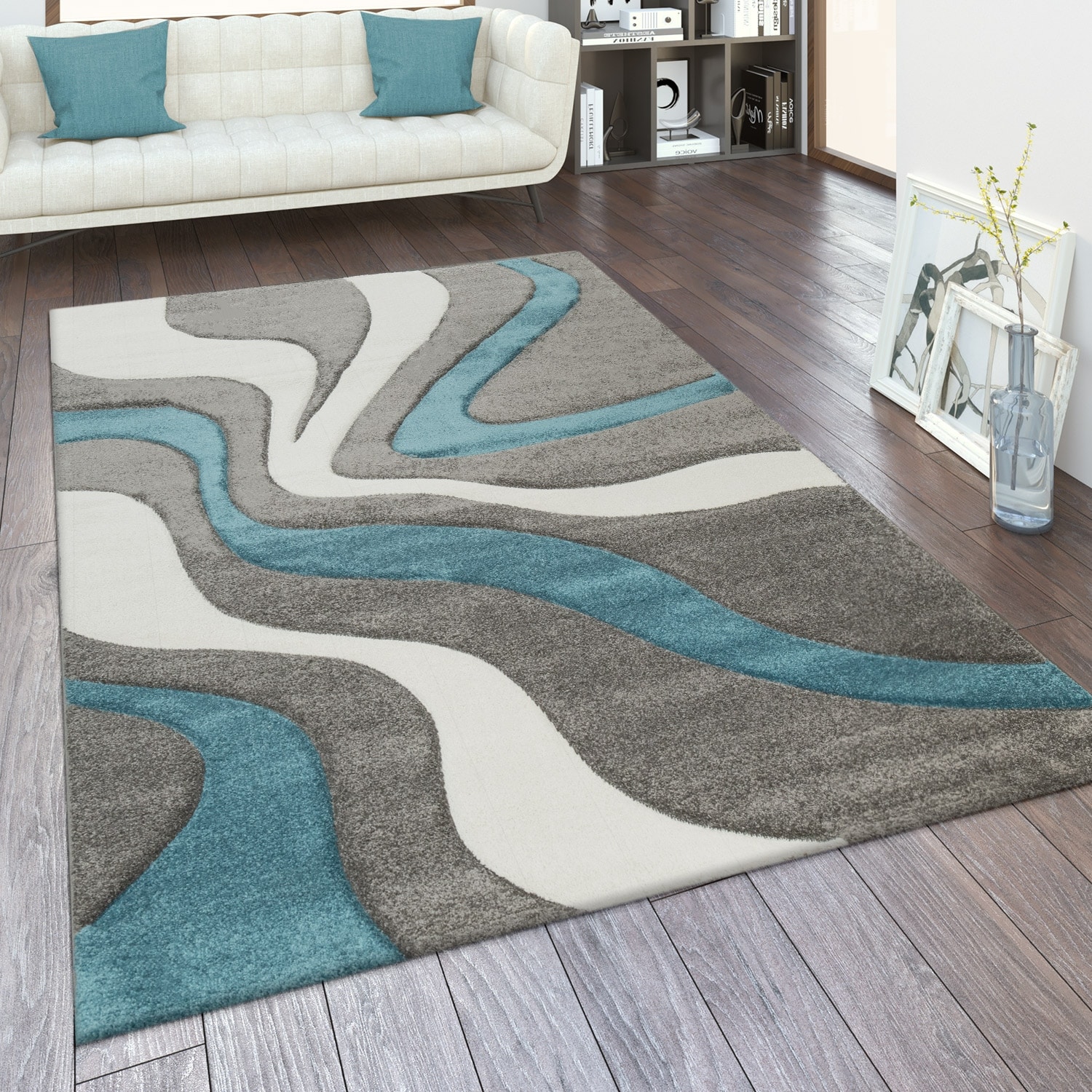 Paco Home Designer Area Rug with Contour Cut and Modern Wave Pattern 7'10" x 10'10" - Grey-blue - image 1 of 5