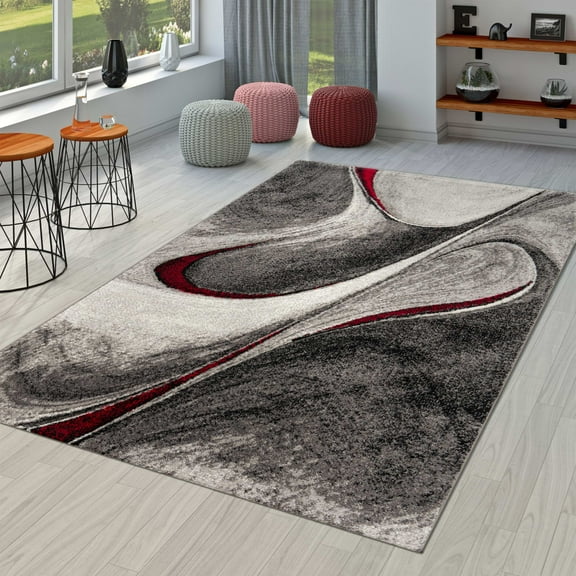 Paco Home Modern Designer Rug with Abstract Pattern in Grey Red - 3'11" x 5'7" (4'x6')