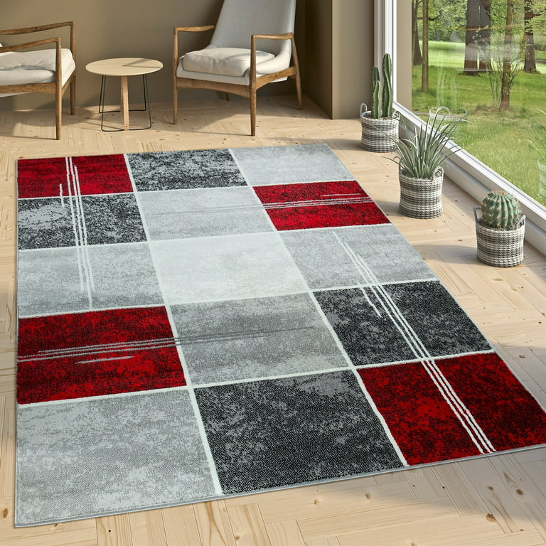 Paco Home Grey Red White Area Rug Checked with Marble Effect Mottled Colors  2' x 3'3 2' x 3' 