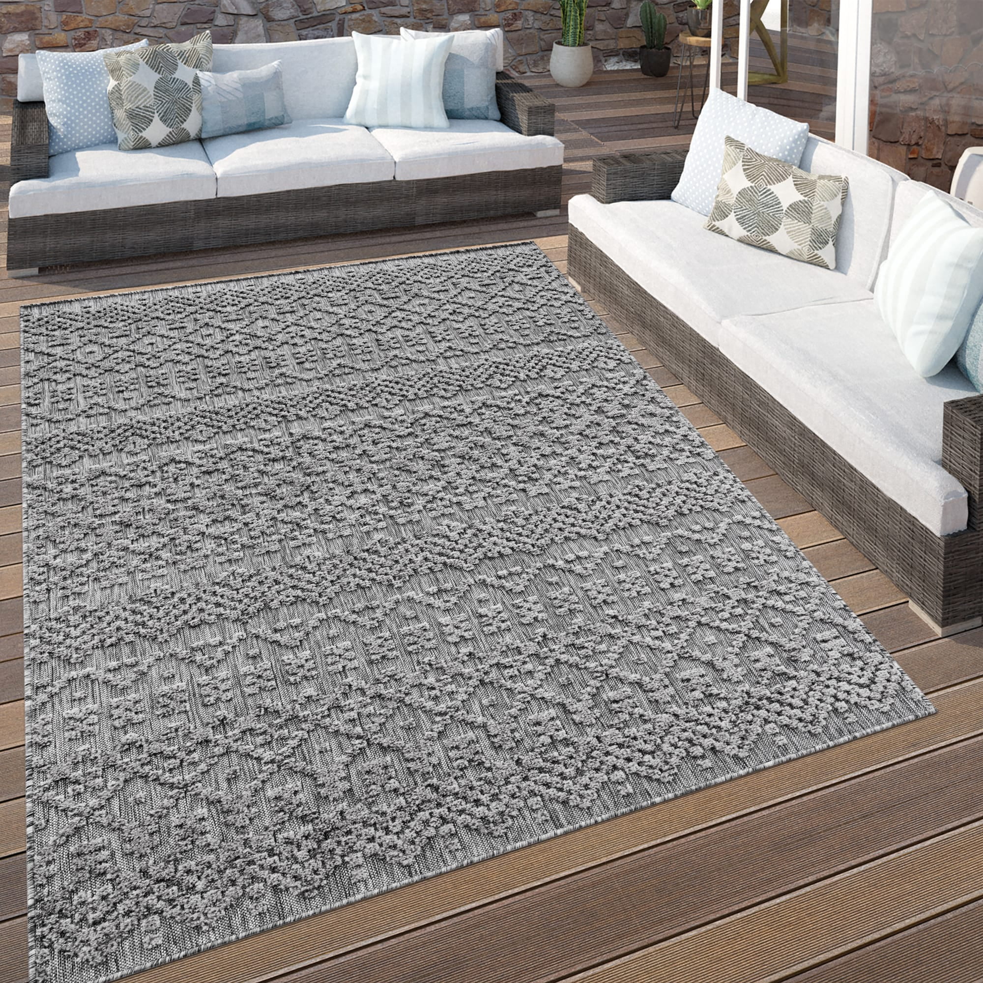 Paco Home Indoor & Outdoor Rug with Textured Boho Pattern in Dark Grey - 2'8" x 4'11" (3'x5')