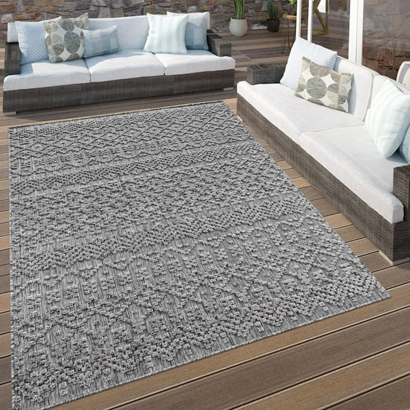 Paco Home Indoor & Outdoor Rug with Textured Boho Pattern in Dark Grey - 3'11" x 5'7" (4'x6')