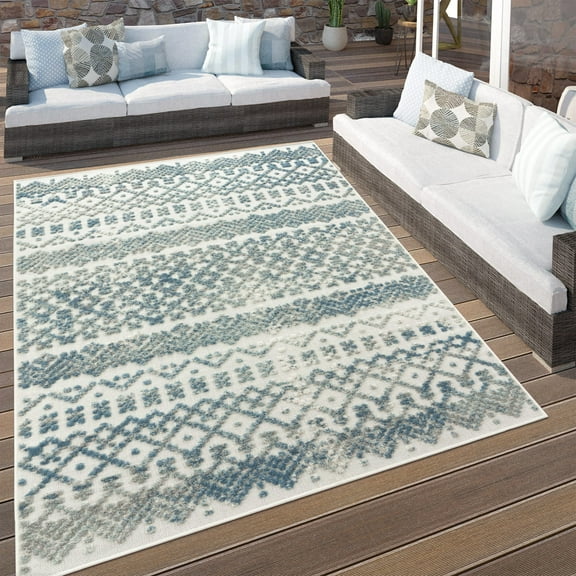 Paco Home Indoor & Outdoor Rug with Textured Boho Pattern in Cream Blue - 2'8" x 4'11" (3'x5')