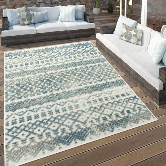 Paco Home Indoor & Outdoor Rug with Textured Boho Pattern in Cream Blue - 5'3" x 7'7" (5'x7')