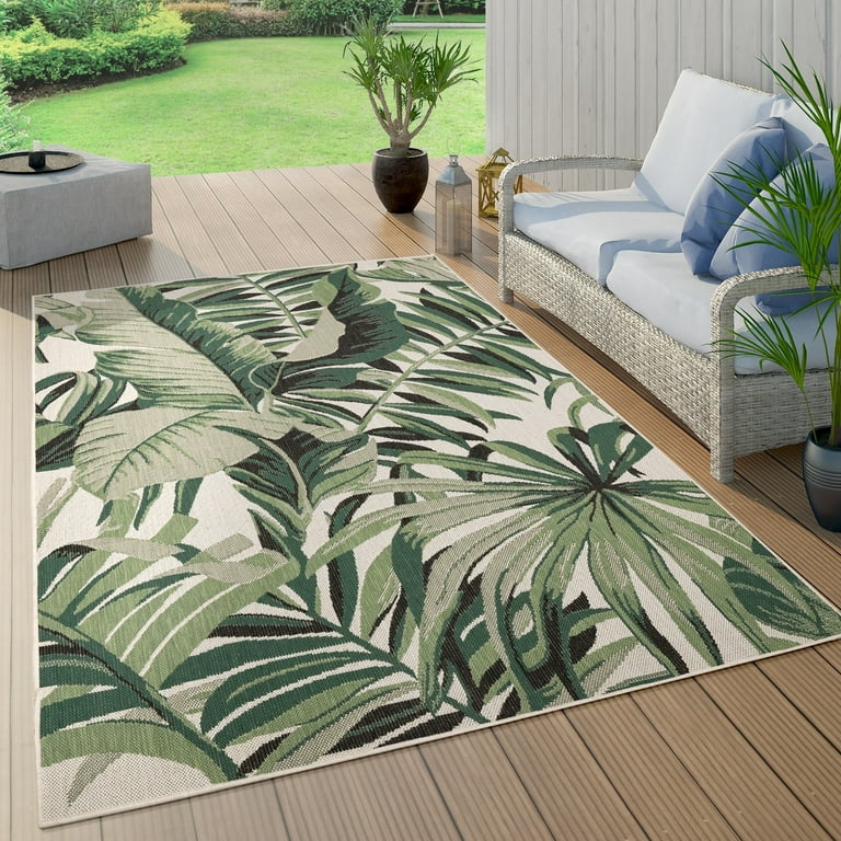 Paco Home In- & Outdoor Rug Tropical Palm Leaf Design for Patio in Green  Beige 6'7 x 9'6 