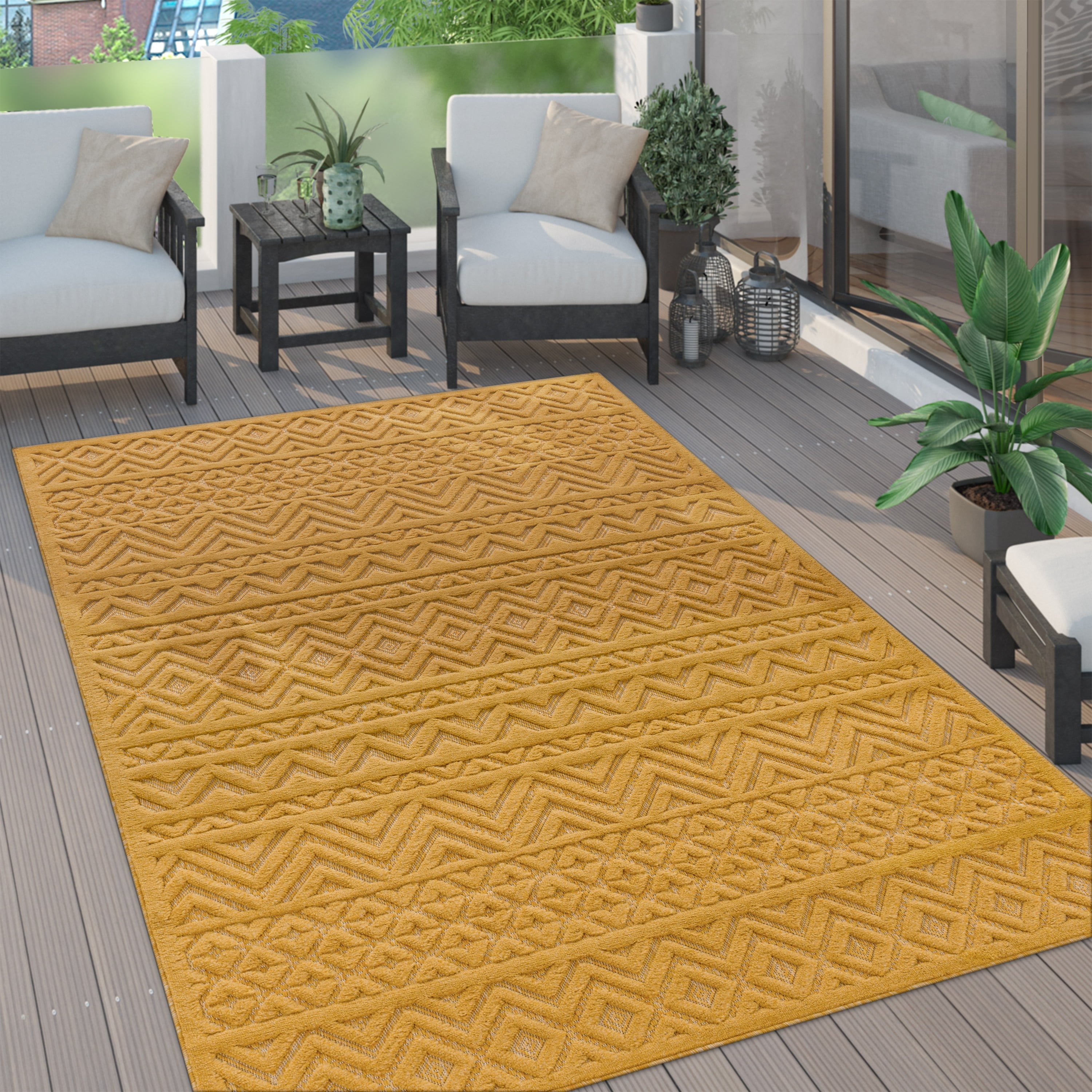 Yellow Synthetic Trellis Round Indoor/Outdoor Rug