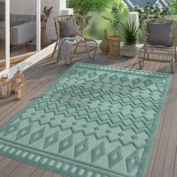 Paco Home Indoor & Outdoor Rug with Geometric Pattern in Turquoise - 3'11" x 5'3" (4'x5')