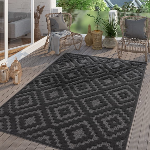 Paco Home Indoor & Outdoor Rug with Moroccan Pattern in Dark Grey - 5'3" x 7'3" (5'x7')