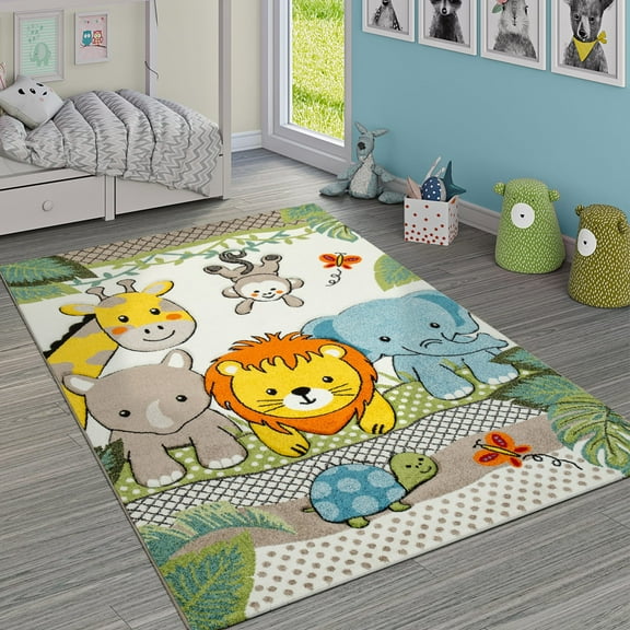Paco Home Kids Room Rug for Nursery with Charming Zoo Animals - Green Cream - 2'8" x 4'11" (3'x5')