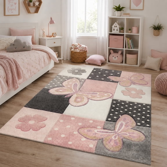 Paco Home Kids Rug for Nursery Butterflies and Flowers in Pink - 4'7" x 6'7" (4'x6')