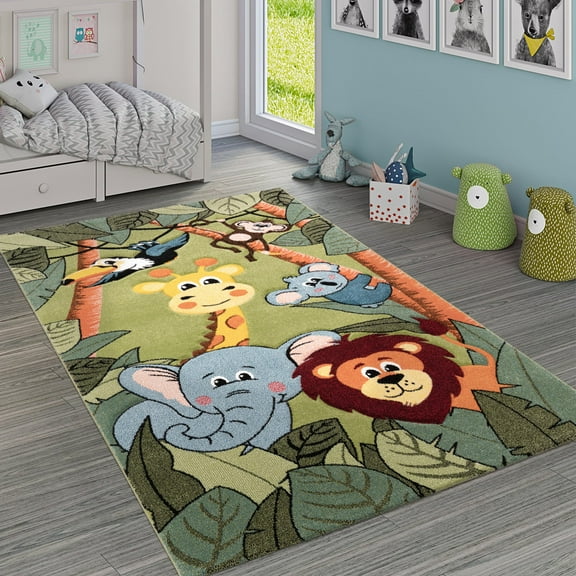 Paco Home Kids Room Rug with Jungle Animals - Green - 5'3" x 7'7" (5'x7')