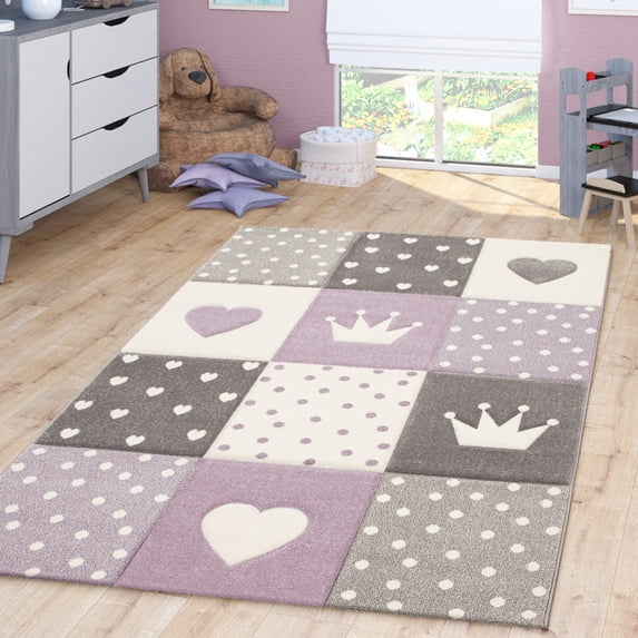 Paco Home Kids Rug Checkered with Hearts and Crowns in Purple - 4'4" Square (4'Square)