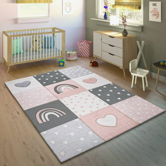 Paco Home Kids Rug with Rainbows & Hearts, Checkered in Pink White - 2'8" x 4'11" (3'x5')