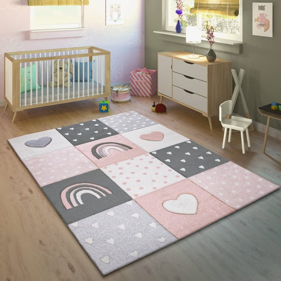 Paco Home Kids Rug with Rainbows & Hearts, Checkered in Pink White - 6'7" x 9'6" (6'x9')