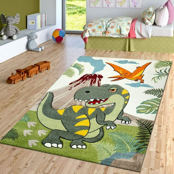 Paco Home Kids Rug Jurresic World T-Rex Dinosaur Jungle in Green, Size:Ø 3'11" Round