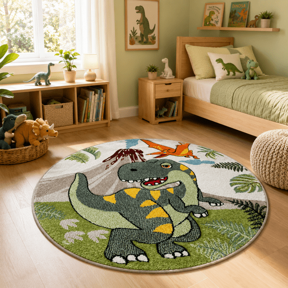 Paco Home Kids Rug Jurrasic World with T-Rex Dinosaur - Green - 3'11" Round (4'Round)