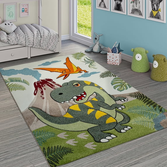 Paco Home Kids Rug Jurrasic World with T-Rex Dinosaur - Green - 4'4" Square (4'Square)