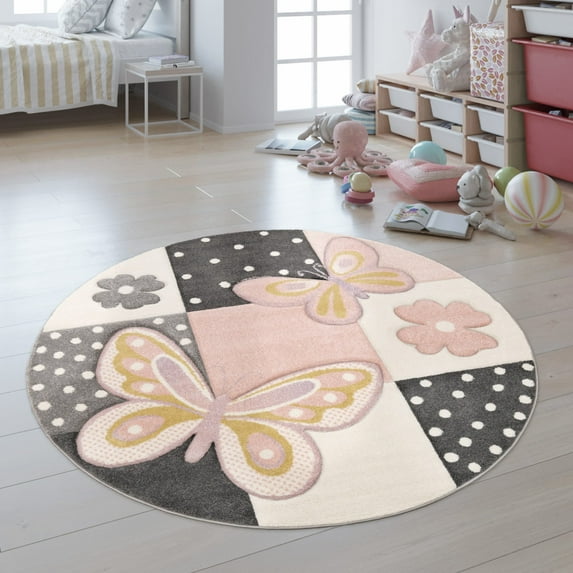 Paco Home Kids Rug for Nursery Butterflies and Flowers in Pink - 3'11" Round (4'Round)