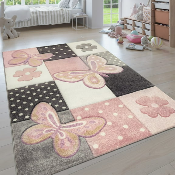Paco Home Kids Rug for Nursery Butterflies and Flowers in Pink - 3'11" x 5'7" (4'x6')
