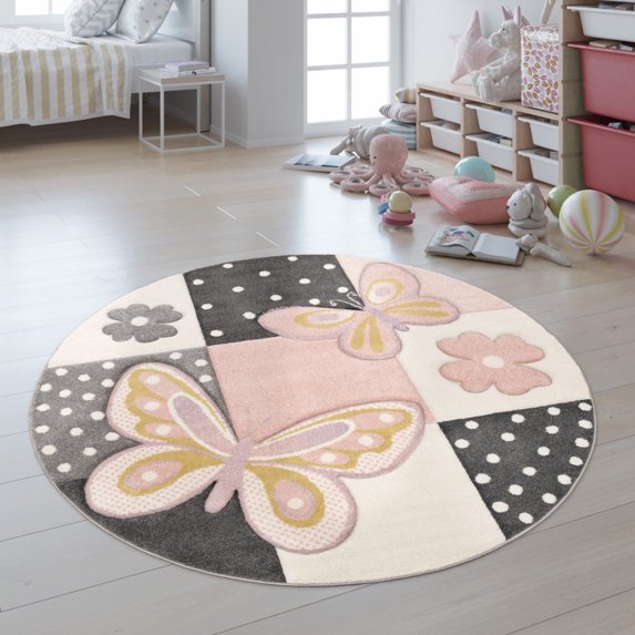 Paco Home Kids Rug for Nursery Butterflies and Flowers in Pink - 5'3" Round (5'Round)