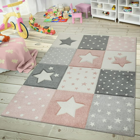 Paco Home Kids Rug for Nursery Checkered with Dots & Stars in Pink White Grey, Size: 3'11" Round
