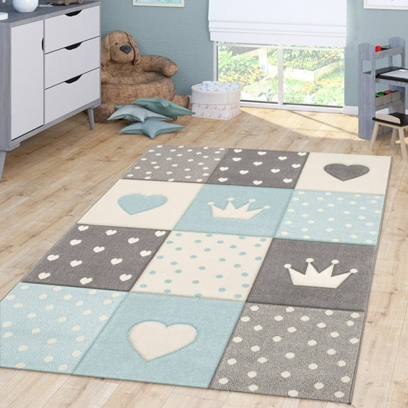 Paco Home Kids Rug Checkered with Hearts and Crowns in Blue - 4'7" x 6'7" (4'x6')