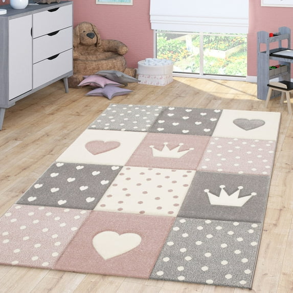 Paco Home Kids Rug Checkered with Hearts and Crowns in Pink - 6'7" Round (6'Round)