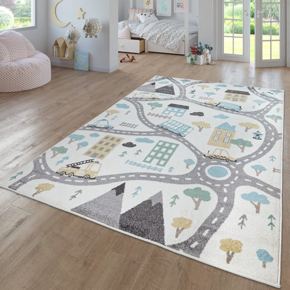 Paco Home Kids Rug for Nursery with Streets & Trees in Pastel Cream - 3' x 5'